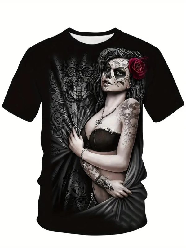 Vintage 3D Skull & Floral Print T-Shirt - Image 2