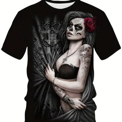 Vintage 3D Skull & Floral Print T-Shirt