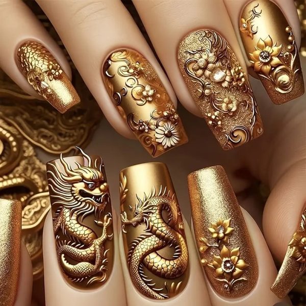Luxury Chinese Dragon Golden Nails 24pcs - Image 2