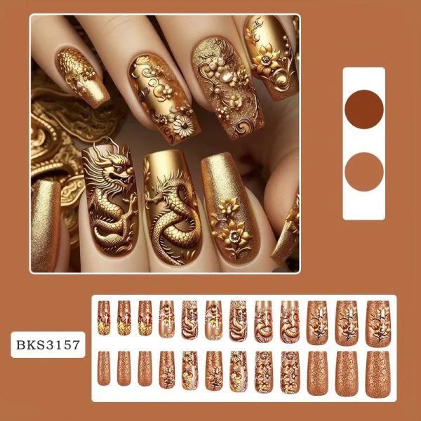 Luxury Chinese Dragon Golden Nails 24pcs - Image 3