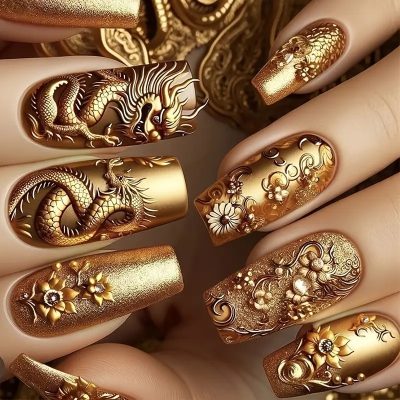 Luxury Chinese Dragon Golden Nails 24pcs